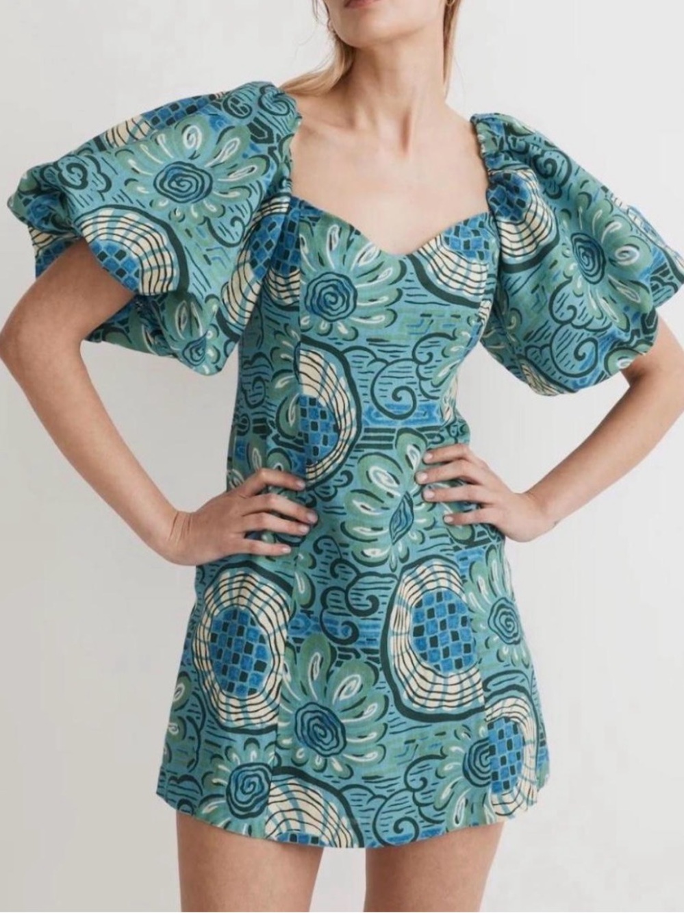 RHODE Teal & Blue Floral Puff-Sleeve Mini Dress